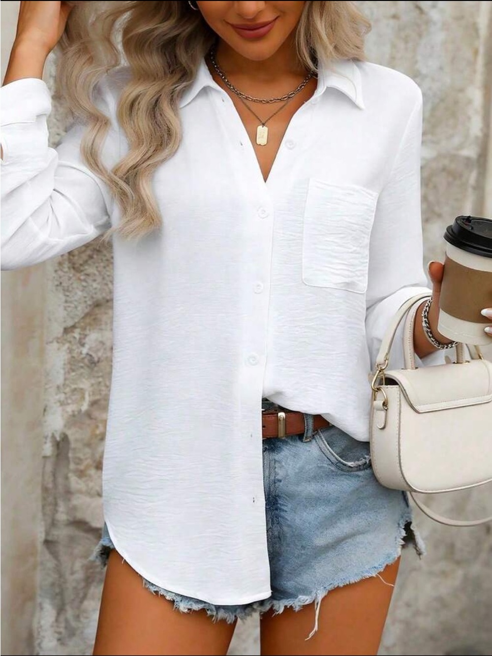 Classic White Pockets Office work Button Down Shirt Up Blouse Top - Picture 3 of 5